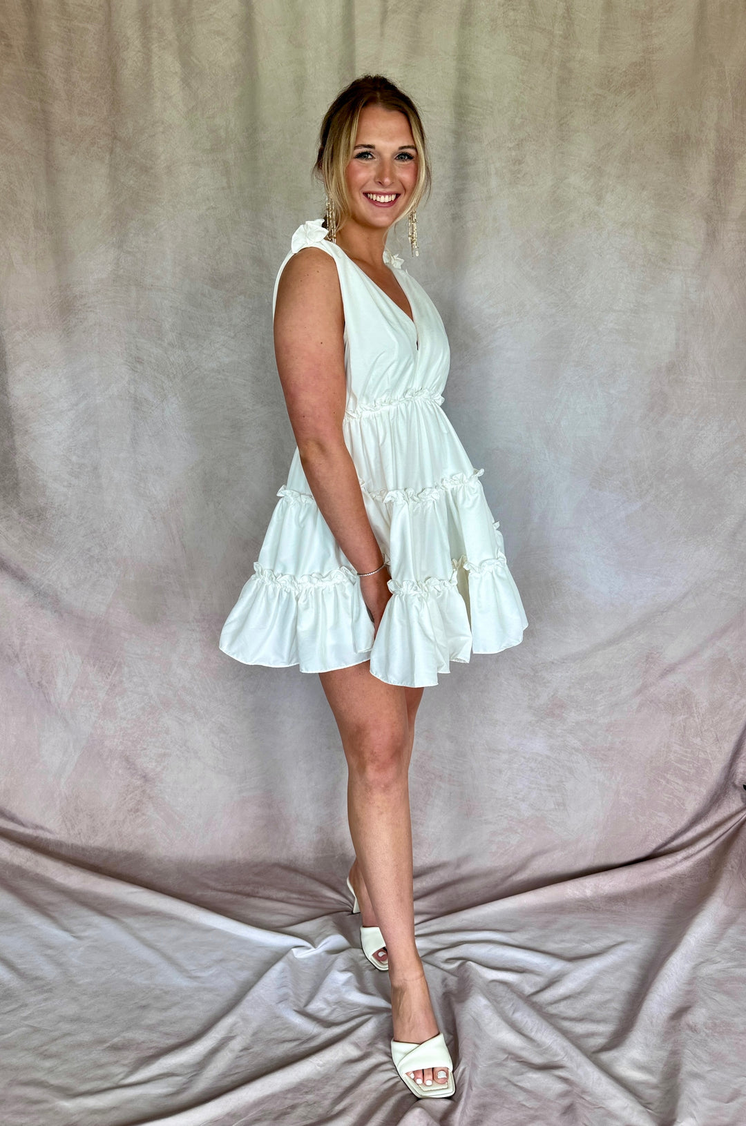 White V Neck Ruffled Mini Dress