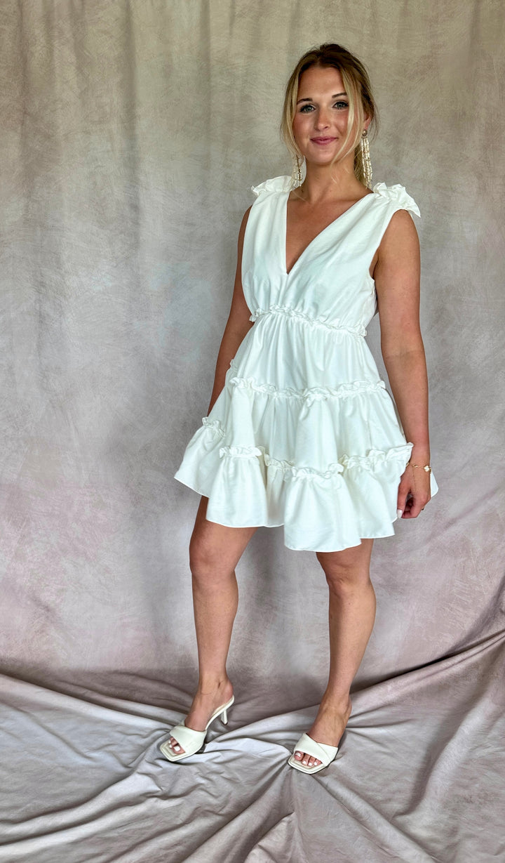 White V Neck Ruffled Mini Dress