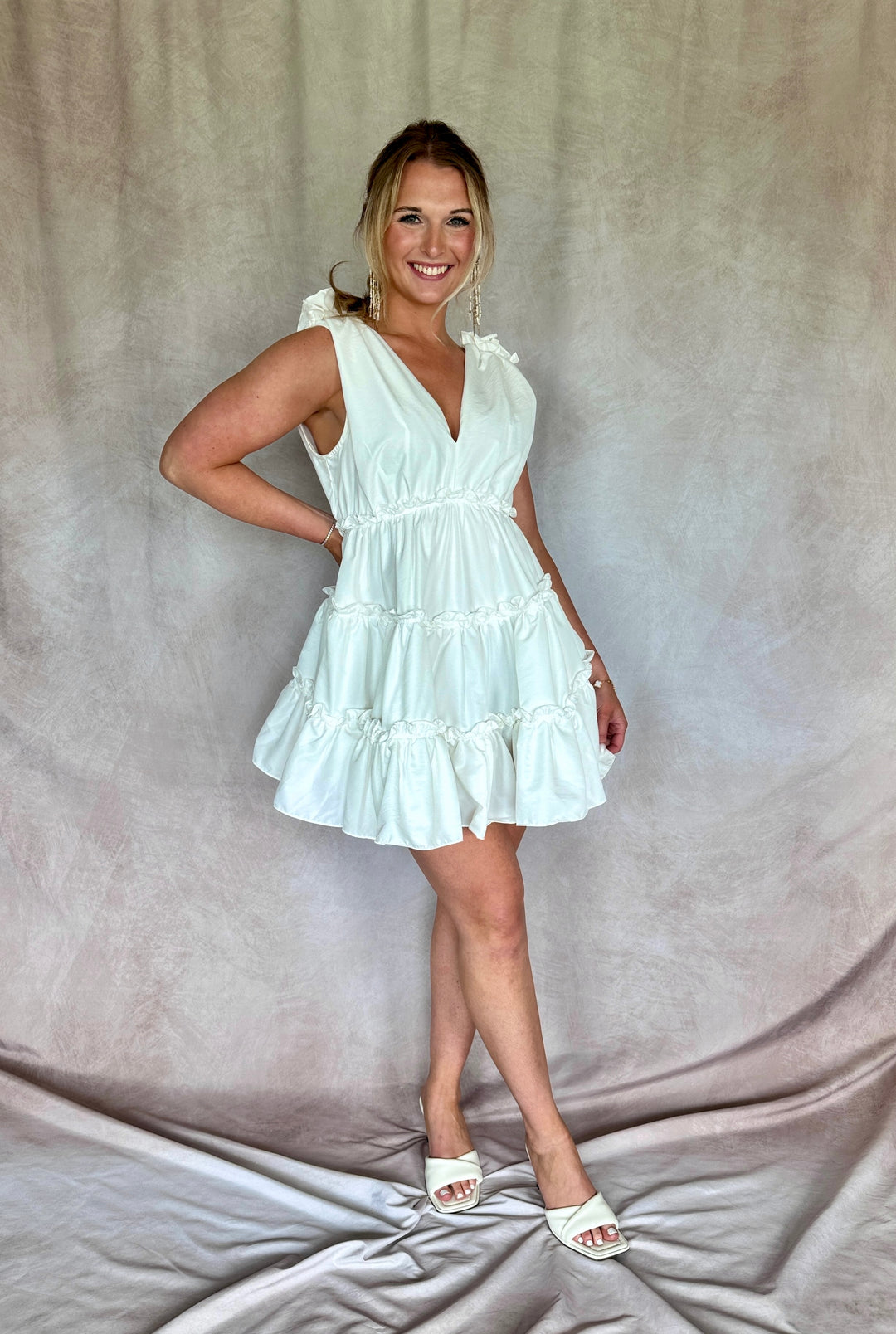 White V Neck Ruffled Mini Dress