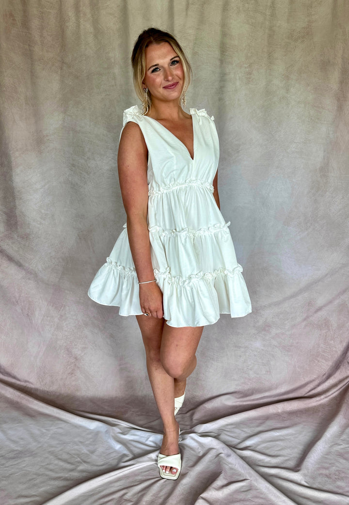 White V Neck Ruffled Mini Dress