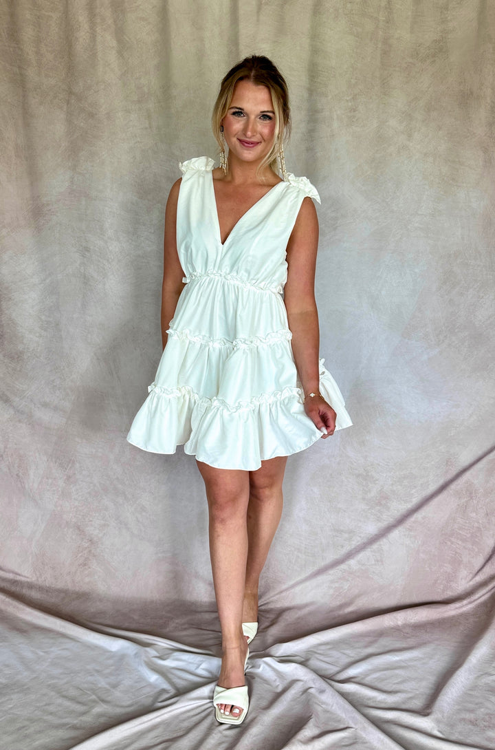 White V Neck Ruffled Mini Dress