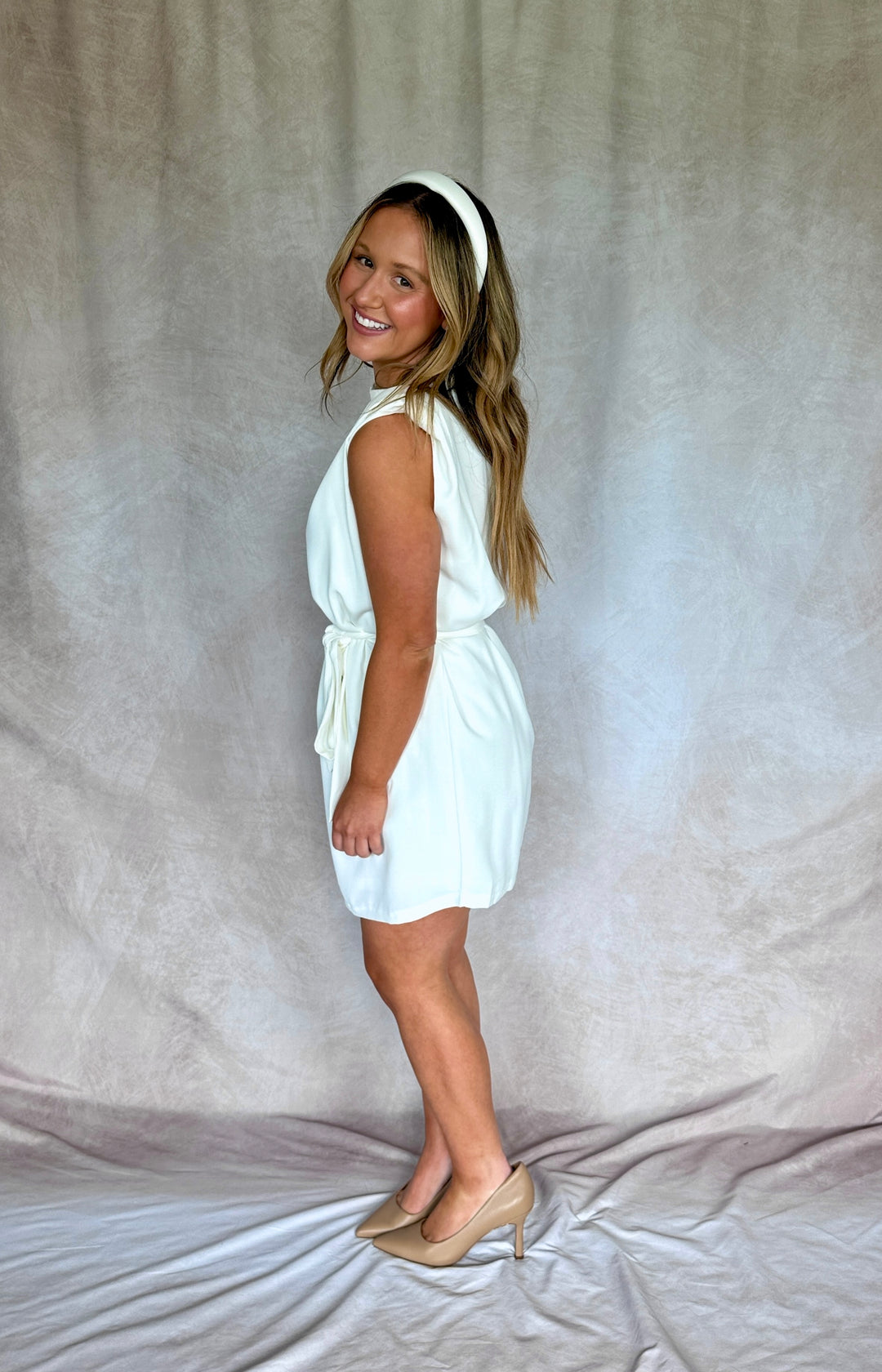 White Padded Shoulder Tie Dress