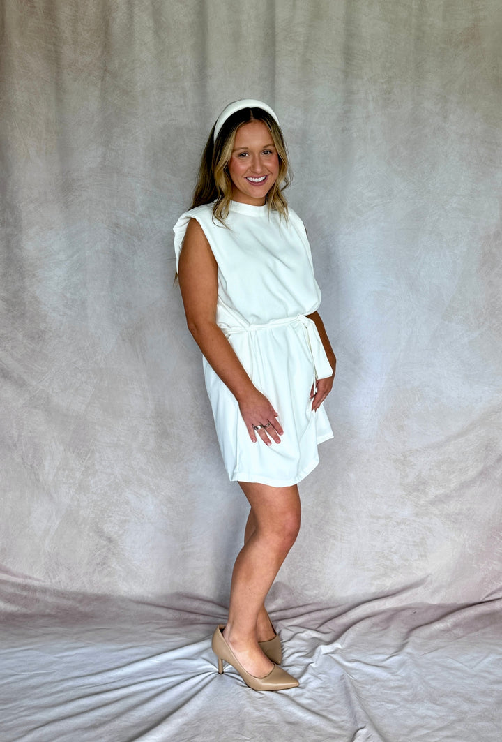 White Padded Shoulder Tie Dress