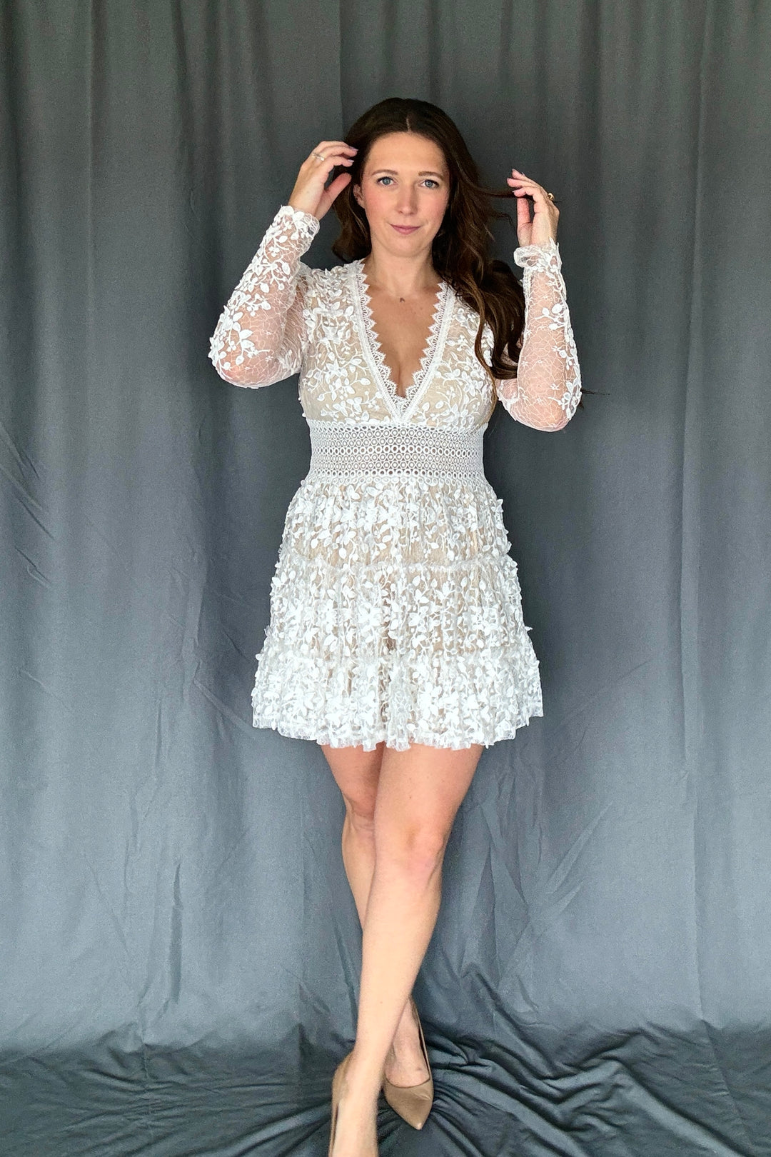 Deep V-Neck Lace Tiered Dress