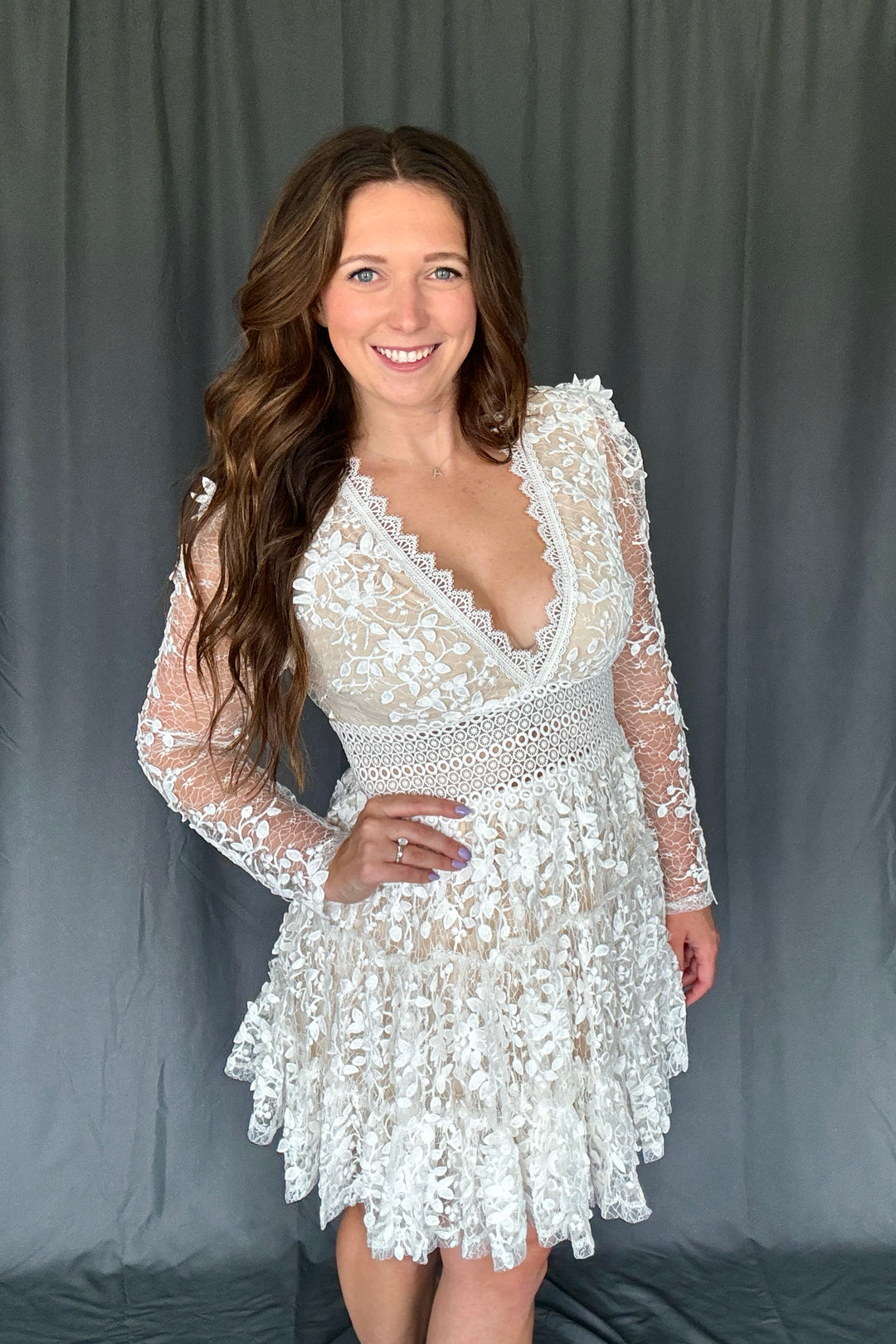 Deep V-Neck Lace Tiered Dress