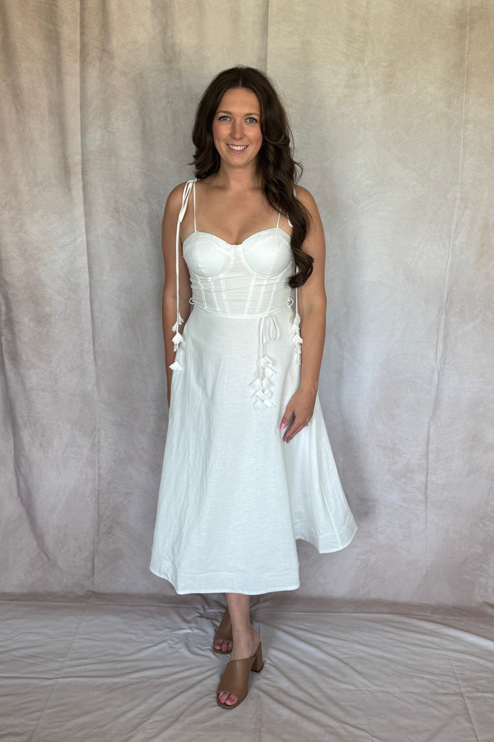 Something White Bustier Shoulder Tie Midi Dress