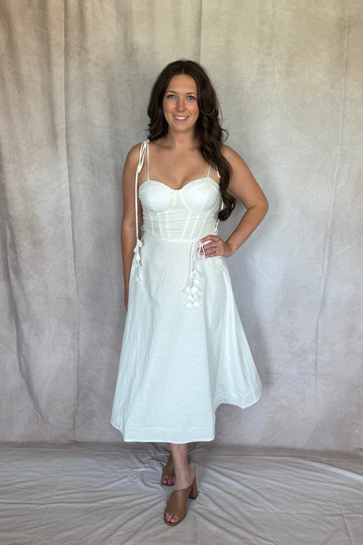 Something White Bustier Shoulder Tie Midi Dress