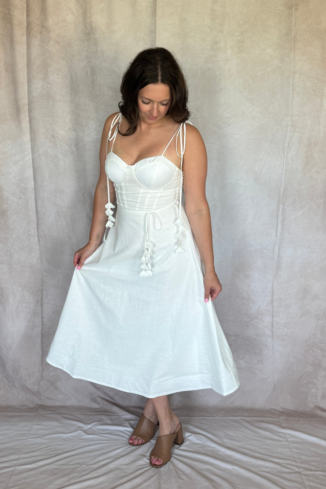 Something White Bustier Shoulder Tie Midi Dress