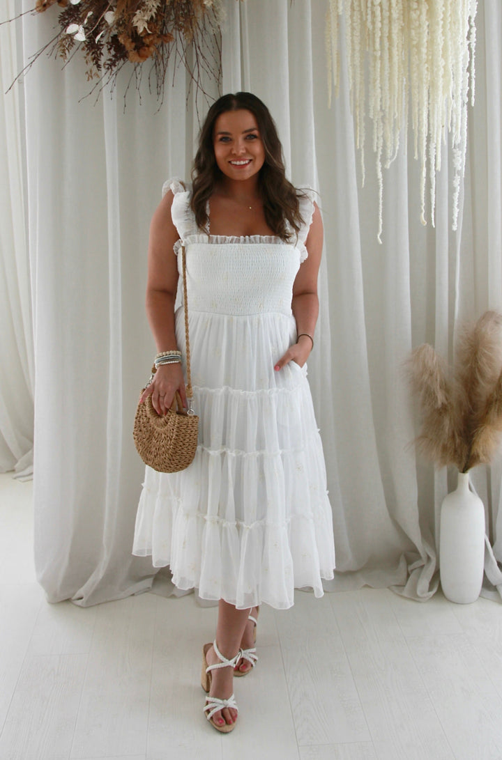 White Floral Smocked Maxi Dress