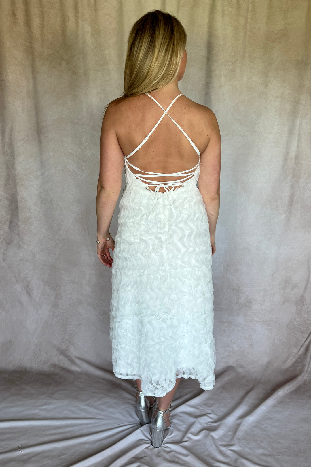 Textured Tulle White Midi Dress