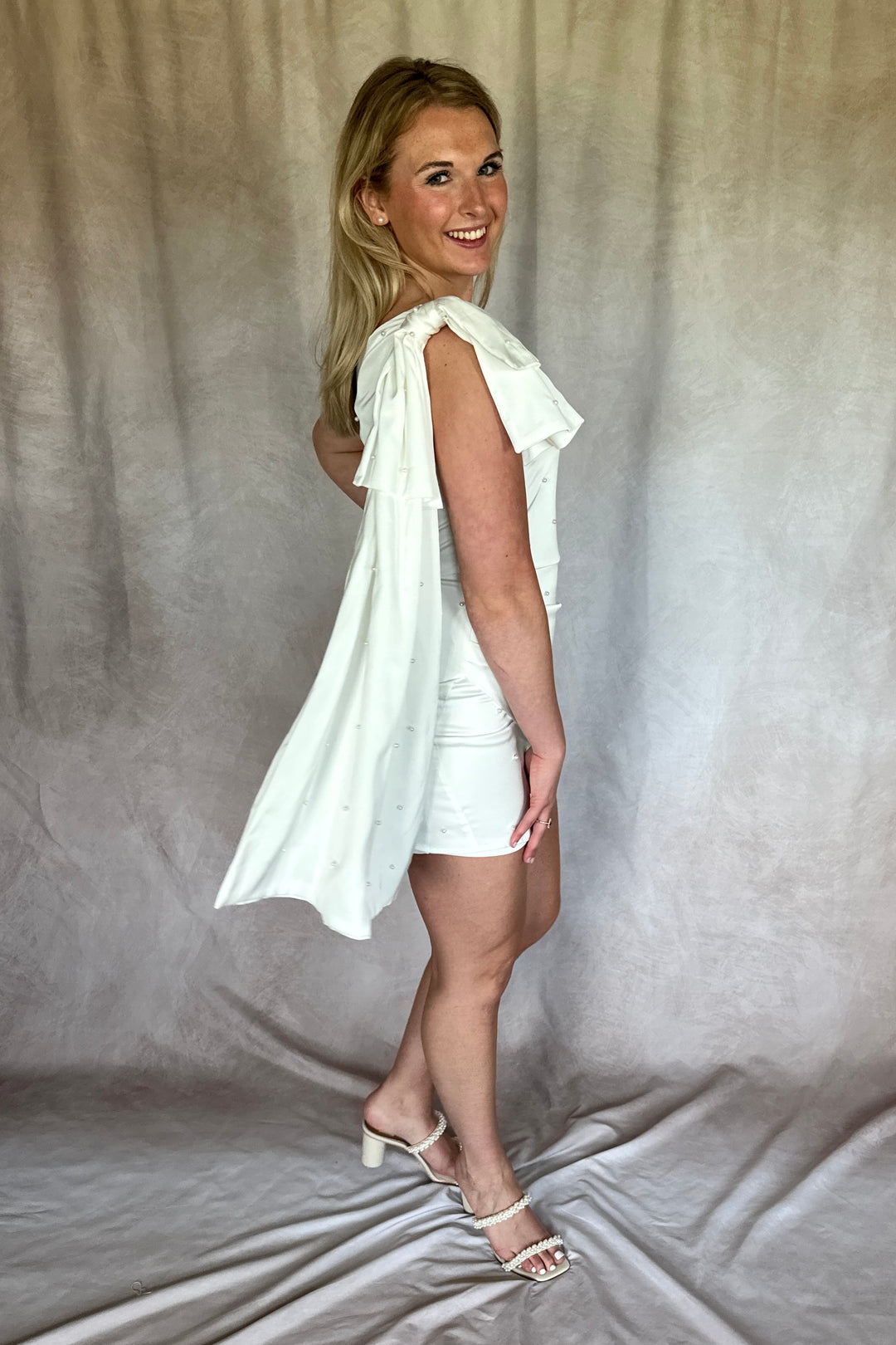 Pearly White One Shoulder Mini Dress