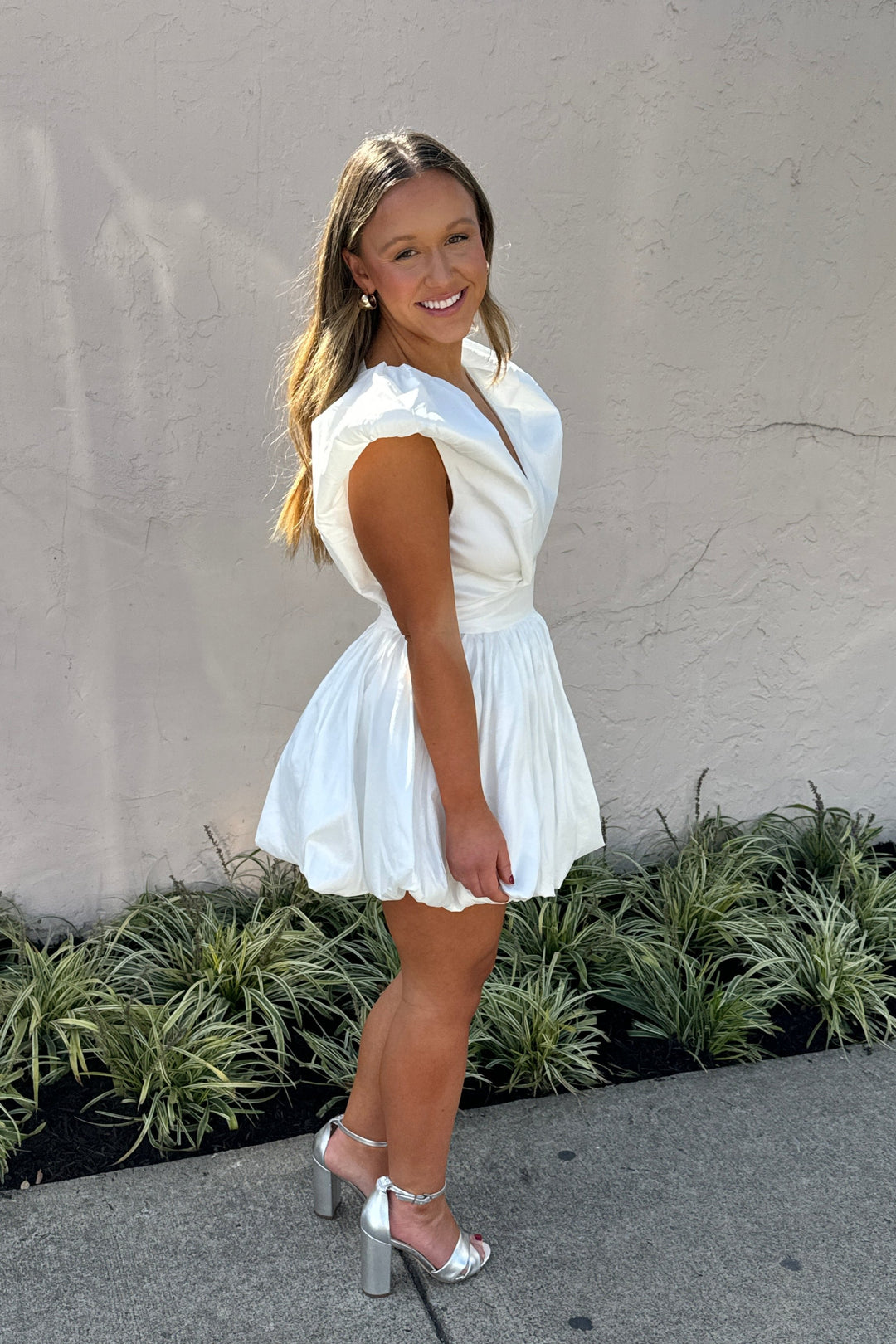 Dramatic Shoulder White Bubble Mini Dress