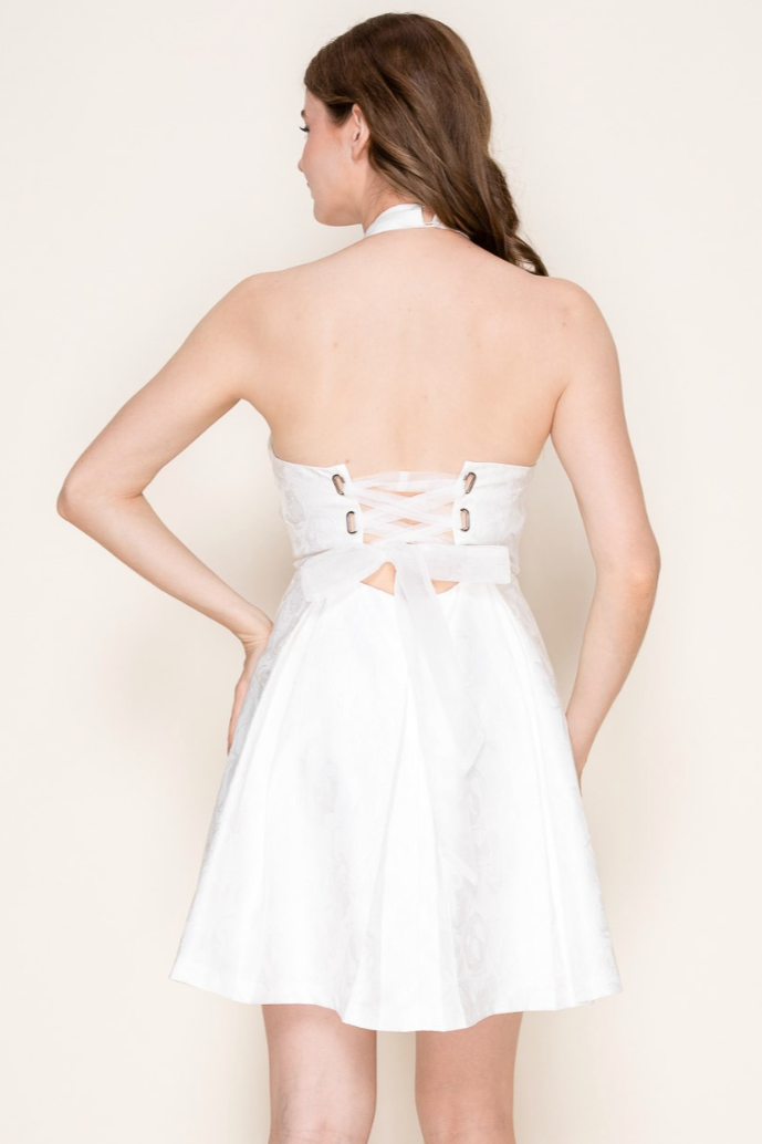 Cross Halter White Jacquard Mini Dress