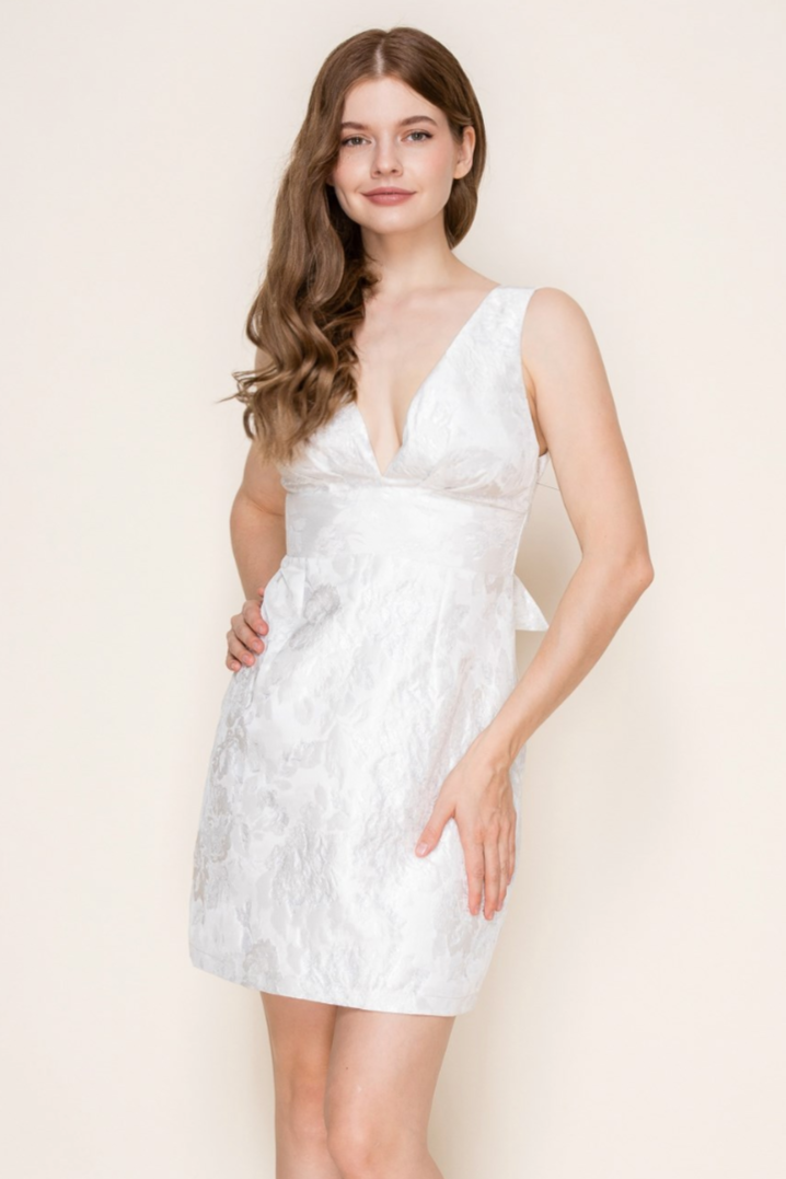 Deep V White Mini Dress with Bow