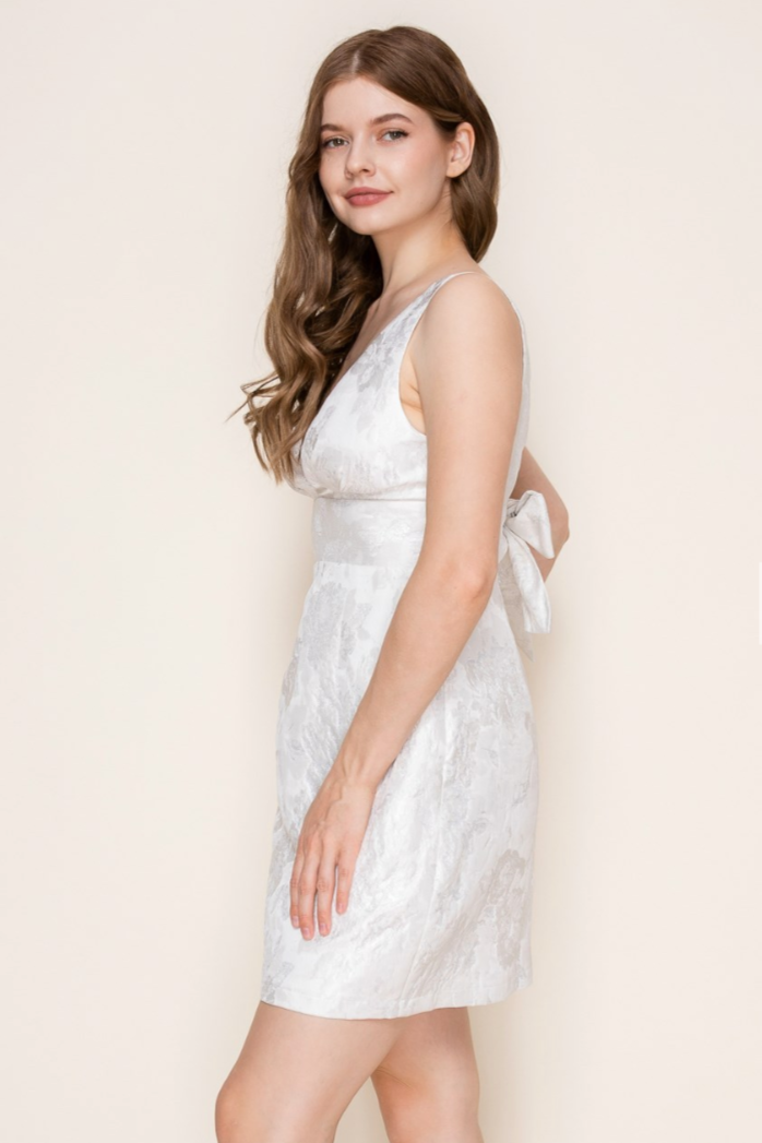 Deep V White Mini Dress with Bow