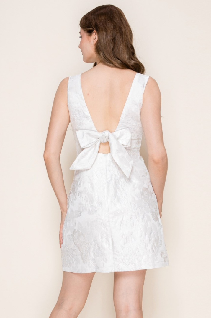 Deep V White Mini Dress with Bow